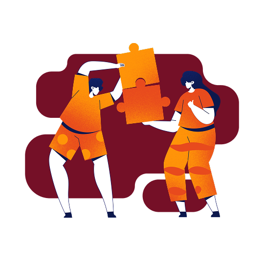 Two illustrated humans adding puzzle pieces together.